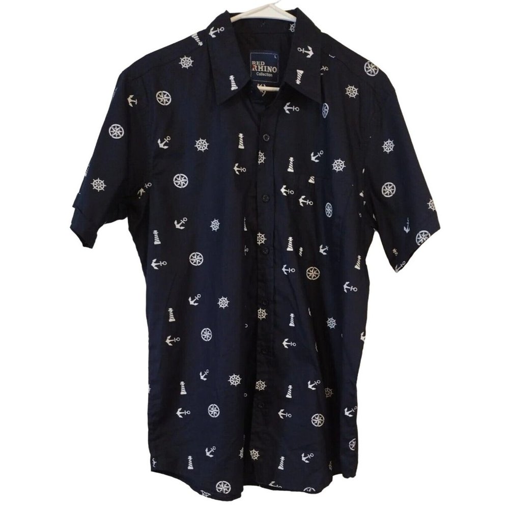Red Rhino Shirt Mens Large Button Down Nautical Short Sleeve